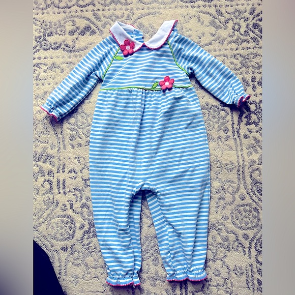 Florence Eiseman Other - Florence Eisman Blue Striped Kids One Piece with Floral Accents 18 MO